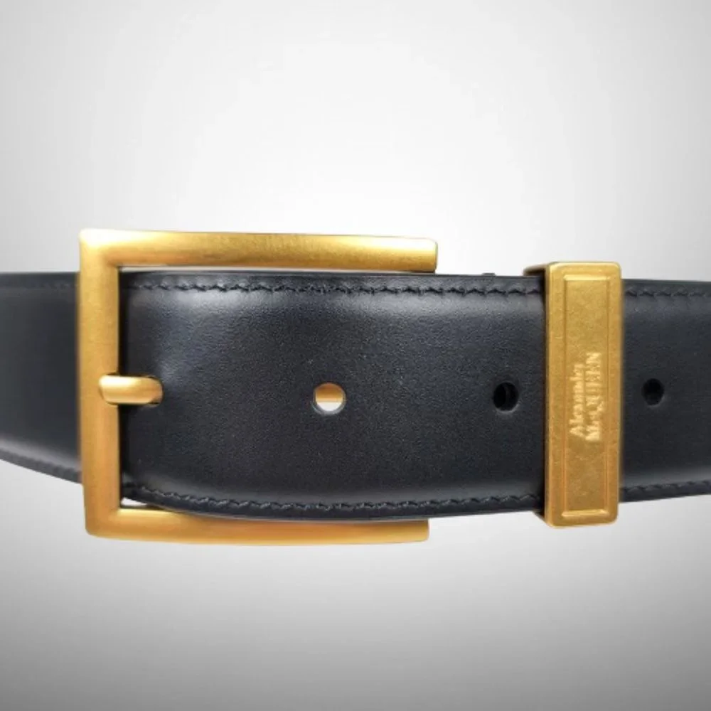 ALEXANDER MCQUEEN Men's The Gold Tone Buckle Belt in Black Calfskin Leather - Picture 4 of 8